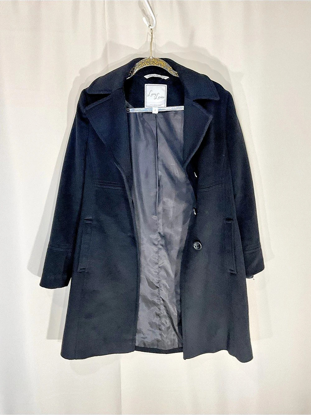 Larry Levine Single-Breasted Notch Collar Wool Blend Walker Coat Black Size 4